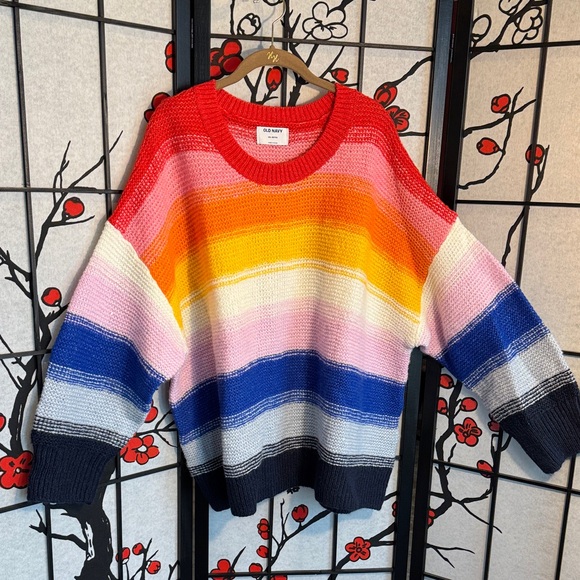 Old Navy 2XL Petite Womens Oversized Bright Rainbow Striped Multicolor Sweater - Picture 1 of 8